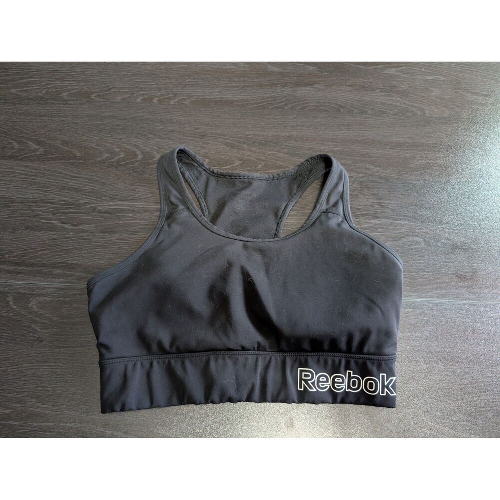 Reebok Black Racerback Sports Bra Graphic Logo Underband Size xl Athleisure
